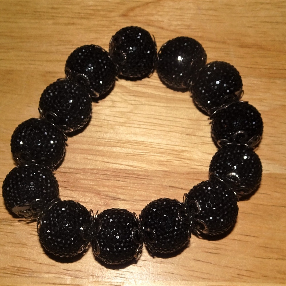 Vtg. Stretch Black Pave Rhinestone Ball Bracelet